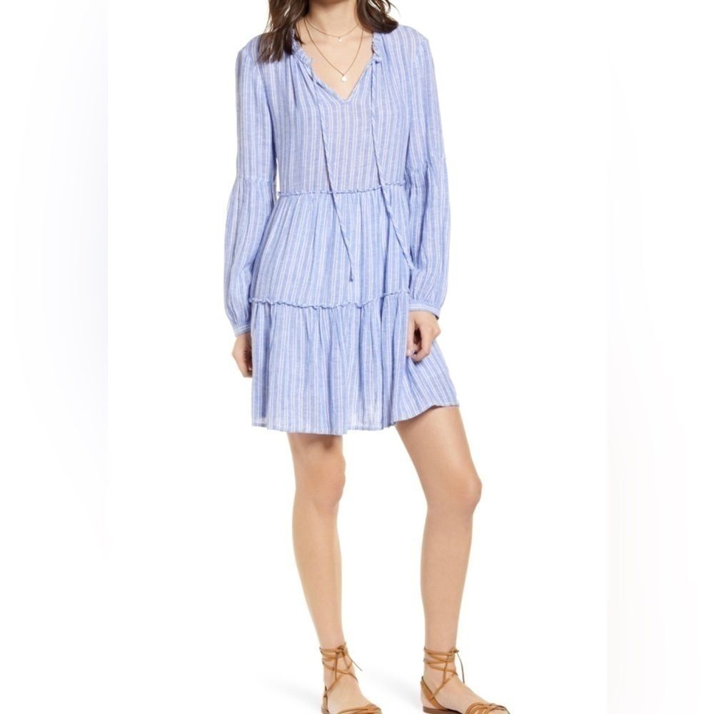 RAILS Revolve Linen Blend Mini Dress Babydoll Blue Coastal Stripe Large